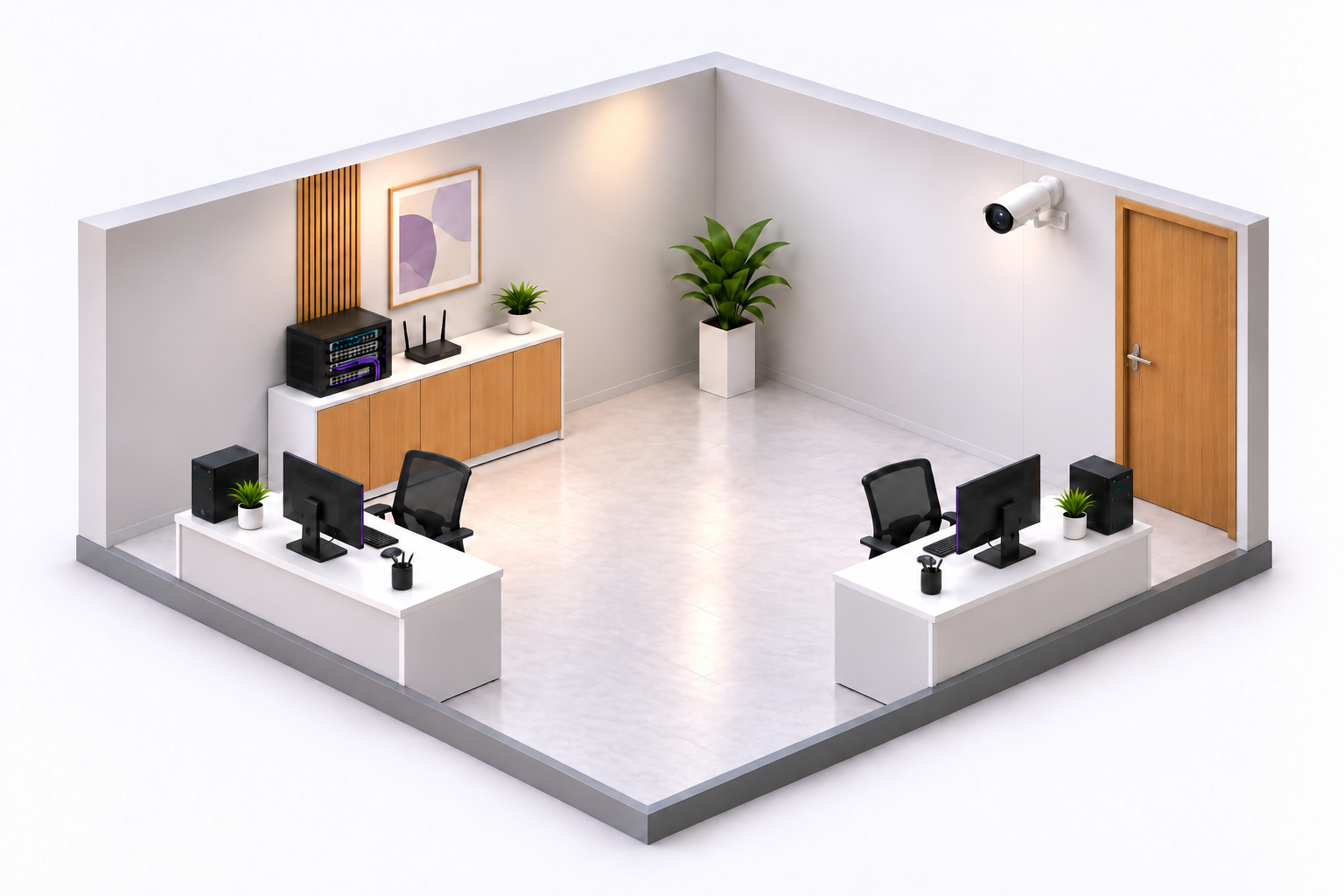 Escritório ilustrado com equipamentos de internet organizados, duas estações de trabalho e câmera de segurança
