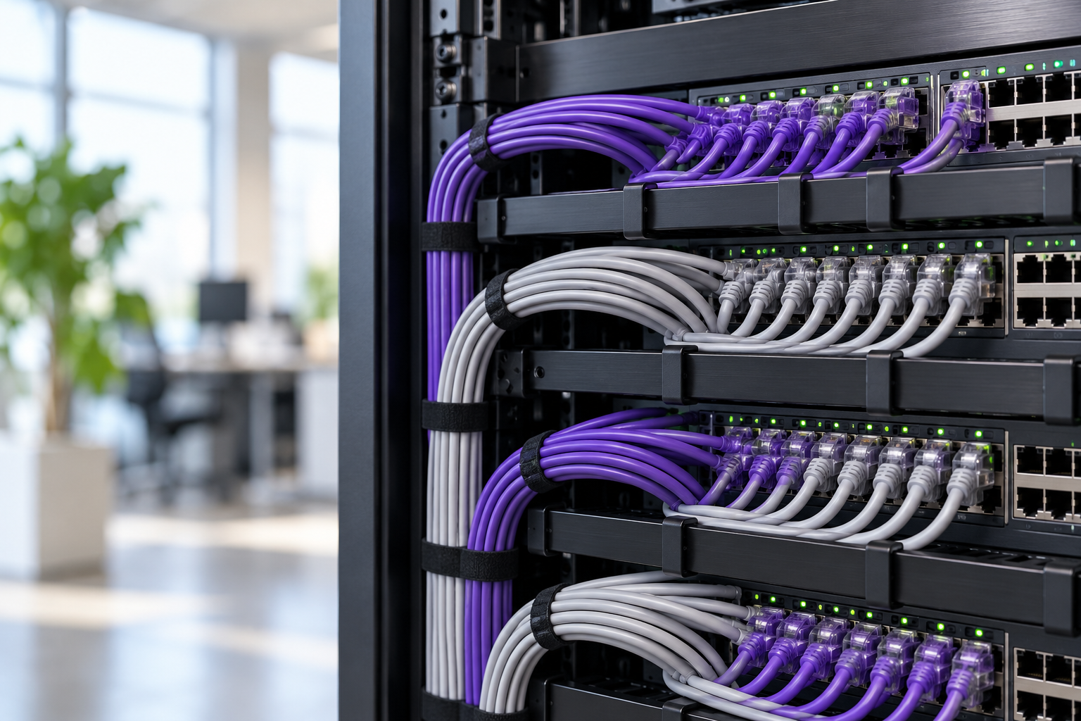 Rack de rede organizado com switches e cabeamento roxo e cinza
